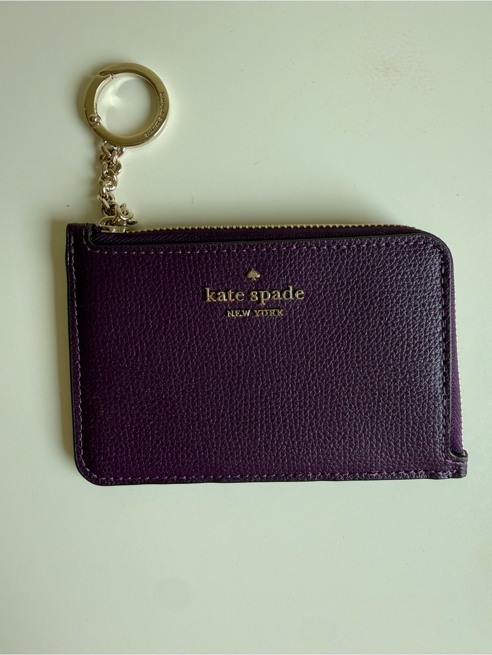 kate spade plum leather zip key card holder with gold-tone hardware